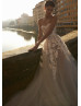 Strapless Ivory Floral Lace Tulle Wedding Dress